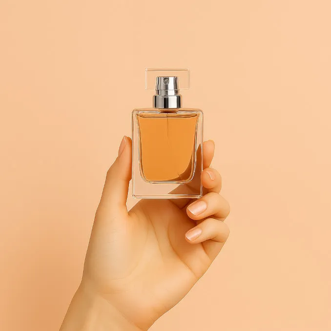 A hand holding an elegant bottle of parfum