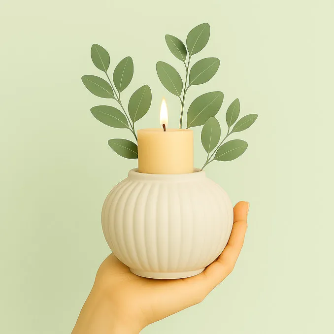 A hand holding a potted candle